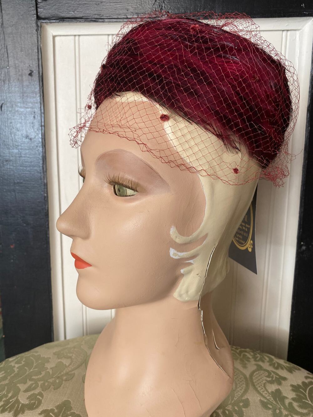 vintage 1960s maroon feather pillbox hat, 60s fashion, bird millinery, net veil